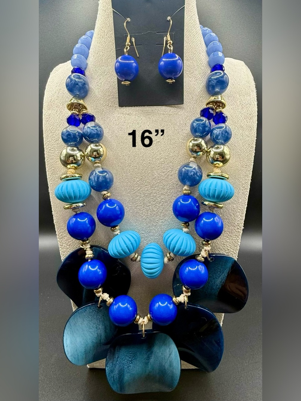 Blue Statement Bead Necklace with Earrings